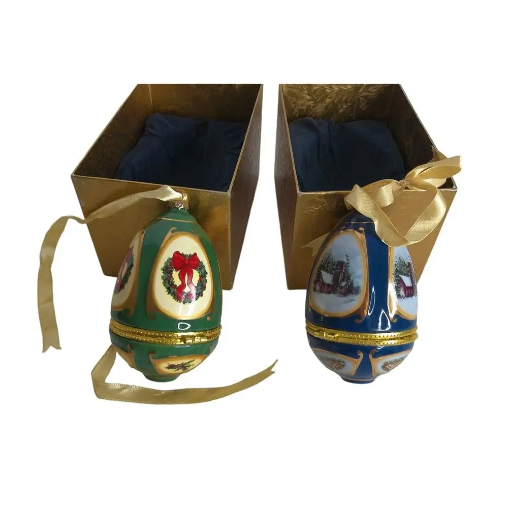 Vintage Mr Christmas Valerie Par Hill Musical Egg Ornament Boxed SET OF 2 READ